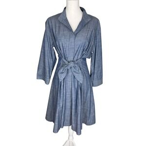 Finley Blue Chambray Cotton Tie Waist Hidden Button Down Shirt Dress Size M